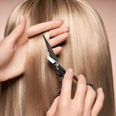 Hairdresser cuts long blonde hair with scissors. Hair salon, hairstylist. Care and beauty hair products. Dyed hair